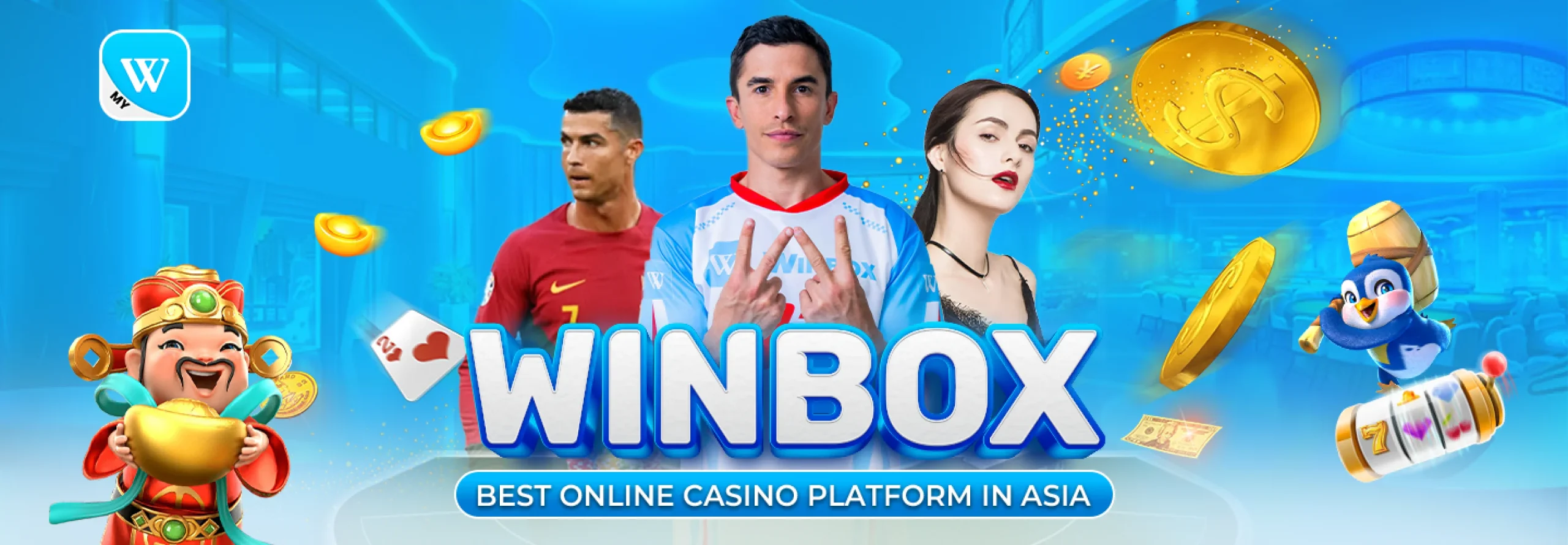 Winbox banner featuring Marc Marquez, sports and entertainment ambassadors, casino characters, gold coins, and the Winbox online casino platform branding.
