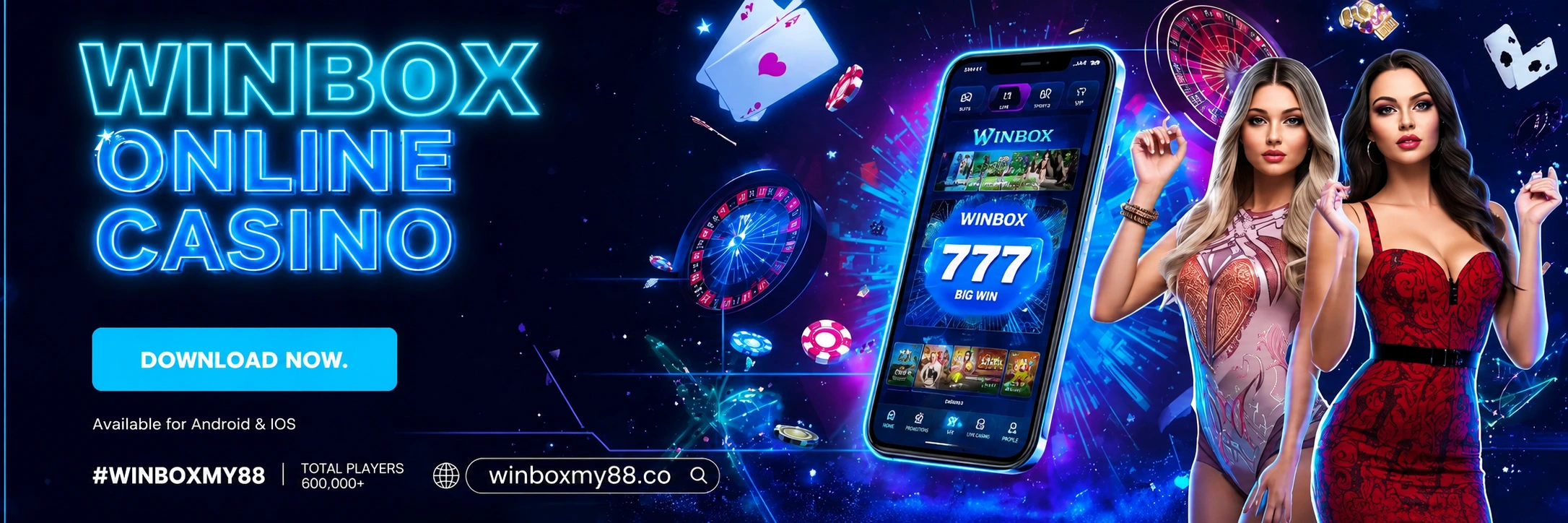 Winbox Malaysia online casino banner featuring the Winbox mobile app, casino games, Android and iOS download, and official Winbox platform.