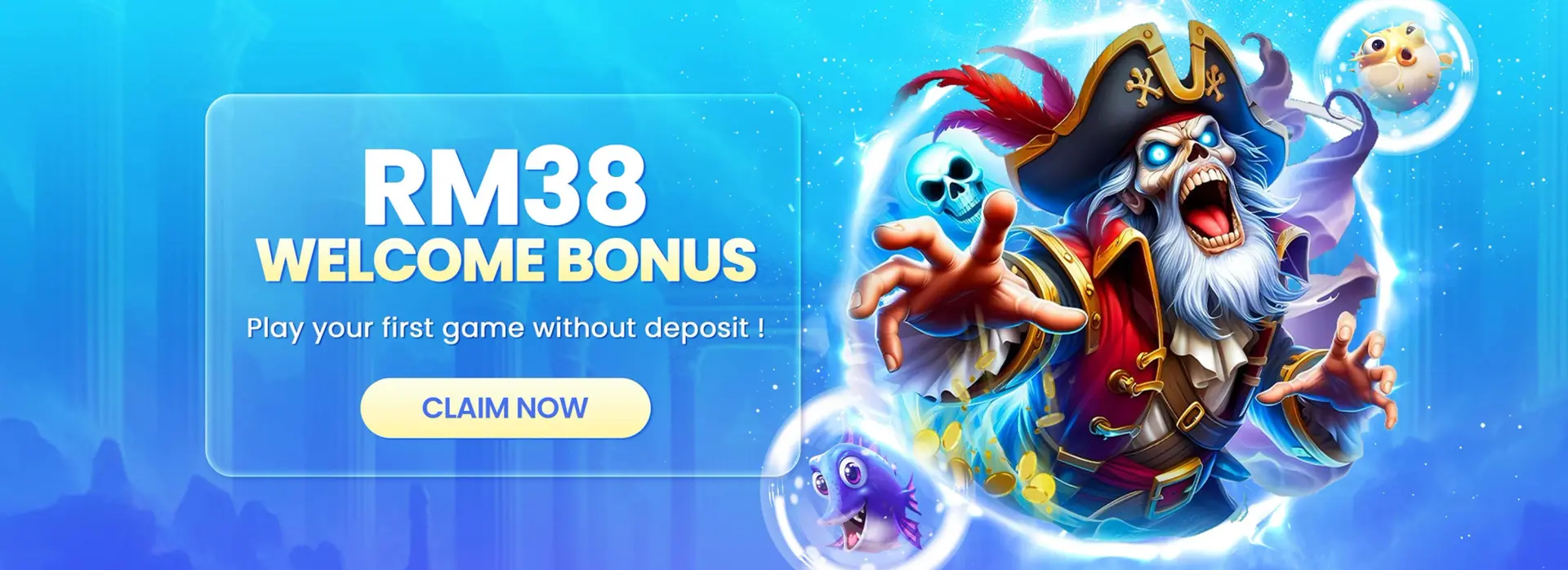 Winbox Online Casino Malaysia RM38 Welcome Bonus promotion banner featuring a pirate-themed slot game character